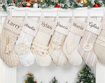 Personalized Christmas Stockings Embroidered Rustic Boho Stockings with Tassel Plush for Family Custom Name Farmhouse Stocking Holiday Decor