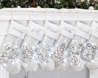 Christmas Stockings Personalized Silver Sequin Stockings LED Light Family Stockings with Name Embroidered Luxury Stockings for Holiday Gifts