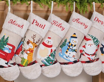 Personalized Christmas Stockings: Rustic Plush Design, Classic Christmas Applique, Farmhouse Holiday Decor