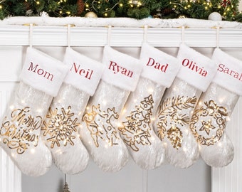 Christmas Stockings Personalized Light Up Gold Sequin Stockings for Family Decoration Holiday Stockings with Name Embroidered Stockings Gift