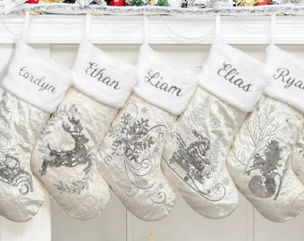 Personalized Christmas Stockings Velvet Embroidered Stocking for Family Sequin Stocking for Holiday Name Stocking Christmas White Decoration