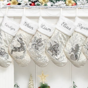 White Christmas Stockings Personalized Elegant Sequin Stocking Embroidered Velvet Stocking for Holiday Decor Custom Stockings Christmas Gift