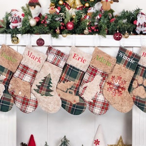 Christmas Stocking Personalized Plaid Stockings with Name Embroidered Stocking for Holiday Stocking with Silhouette for Christmas Decor Gift