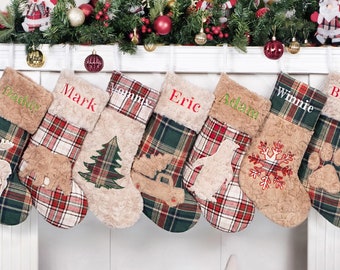 Christmas Stocking Personalized Plaid Stockings with Name Embroidered Stocking for Holiday Stocking with Silhouette for Christmas Decor Gift