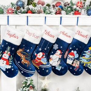 Personalized Christmas Stockings Blue Velvet Stockings for Holiday Luxury Decoration Embroidered Family Stockings Christmas Ornament Gifts