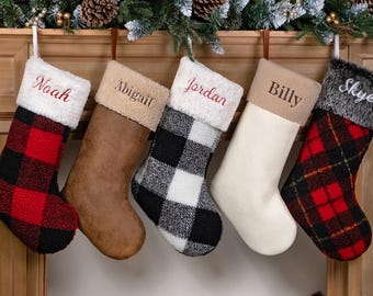 Personalized Christmas Stockings Embroidered Minimalist Stocking Leather, Plaid Rustic Stocking Custom Holiday Family Gift Farmhouse Decor