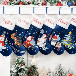 Christmas Stockings Personalized Embroidered Stockings Velvet Family Stockings with Name for Holiday Decoration Blue Stocking Christmas Gift