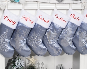 Christmas Stockings Personalized Name Stocking Luxury Blue Silk Stocking for Christmas Ornament Diamond Holiday Stocking for Family Decor