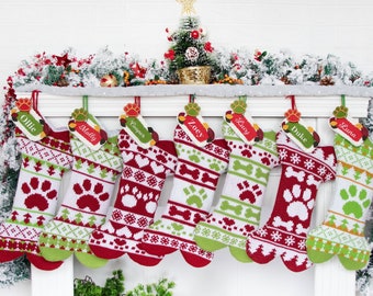 Personalized Christmas Stockings Dog Knitted Holiday Stockings for Christmas Ornament Pet Stockings with Dog Paw for Christmas Decoration