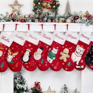 Personalized Christmas Stockings Red Velvet Stockings with Name Embroidered Holiday Stockings Family Applique Stockings for Christmas Gifts