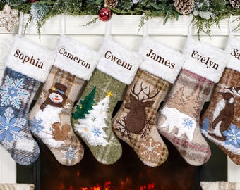 Personalized Christmas Stockings Boucle Plaid Stocking with 3D Applique Embroidered Name Holiday Stocking for Family Neutral Christmas Decor