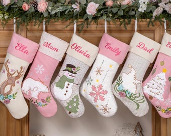 Personalized Christmas Stockings Rustic Woolen Stocking with Silhouette Embroidered Name Holiday Stockings for Family Decoration Xmas Gifts