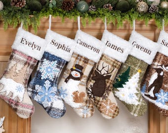 Christmas Stockings Personalized Rustic Holiday Stockings with Name Embroidered 3D Appliques Stockings for Family Decoration Christmas Gifts