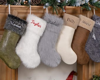 Christmas Stockings Personalized Rustic Embroidered Stockings With Leather Faux Fur for Family Custom Name Farmhouse Stocking Holiday Decor