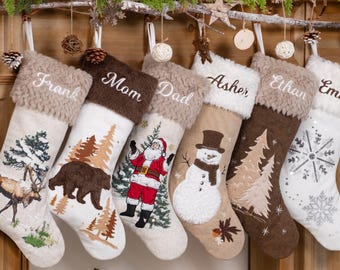Christmas Stockings Personalized Holiday Farmhouse Stockings with Name Embroidered Rustic Family Stockings Applique Stockings for Xmas Gifts