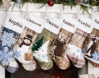 Personalized Christmas Stockings Luxury Plaid Stocking Embroidered Plush Stockings with Name for Holiday Family Gift Neutral Farmhouse Decor