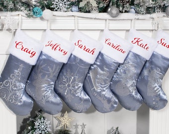 Personalized Christmas Stockings Gray Blue Vintage Embroidered Stockings for Home Ornament Luxury Silk Diamond Family Stockings for Holiday