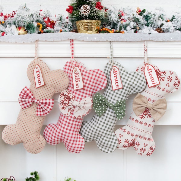 Personalized Dog Bone Christmas Stockings Pet Stocking with Bow Custom Holiday Decoration Plaid & Snowflake Dog Stocking for Family Ornament