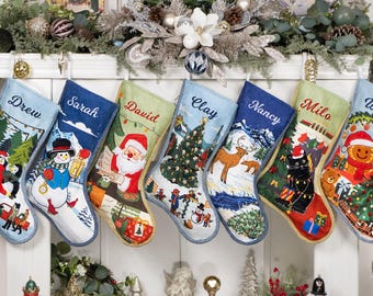 Personalized Christmas Stockings Vintage Winter Village Stockings with Embroidered Name Printed Applique Stockings for Family Holiday Decor