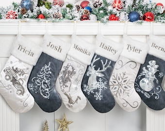 Personalized Christmas Stockings Velvet Sequin Stockings for Holiday Decoration Embroidered Elegant Family Stockings for Christmas Ornament