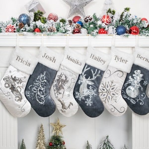 Personalized Christmas Stockings Velvet Sequin Stockings for Holiday Decoration Embroidered Elegant Family Stockings for Christmas Ornament