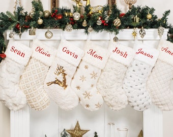 Personalized Christmas Stockings Plush Sequin Stockings for Family Decoration Holiday Stockings Embroidered Name Stocking for Christmas Gift