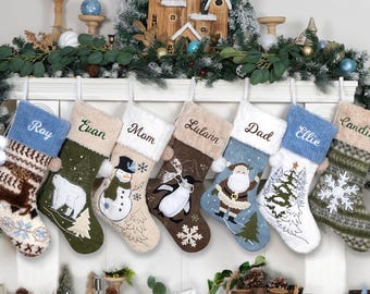 Personalized Christmas Stockings Nordic Winter Woodland Stockings with Embroidered Name Cozy Plush Stockings Family Neutral Christmas Decor