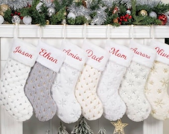 Personalized Christmas Stockings White Plush Stockings for Family Decoration Holiday Stockings Embroidered Name Stockings for Christmas Gift