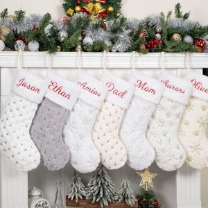 Personalized Christmas Stockings White Plush Stockings for Family Decoration Holiday Stockings Embroidered Name Stockings for Christmas Gift