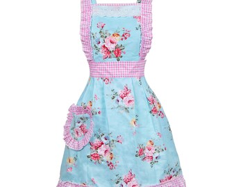 Blue Shabby Chic full apron with rose patterns for women
