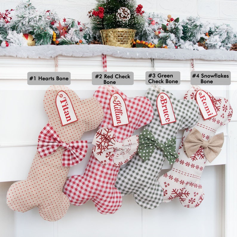 Side view of Christmas stocking display-Personalized Dog Christmas Stockings With Bow & Name Tag Pet Stockings Holiday Stocking Family Stocking Plaid Snowflake Stocking  Unique Christmas Gifts Xmas Decoration Home Ornaments