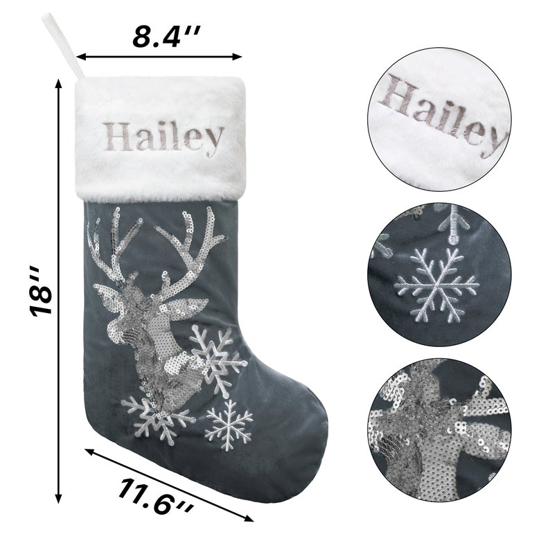 Calcetines navideños personalizados de terciopelo de lujo bordados con lentejuelas y felpa para la familia. Calcetines navideños con nombre personalizado. Regalos de Navidad. imagen 6