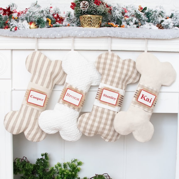 Personalized Dog Christmas Stockings Embroidered Dog Stockings with White Stripe Plaid for Holiday Stockings Decoration Pet Stocking for Dog