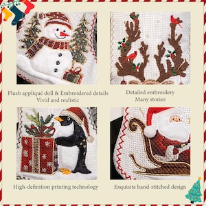 Puede incluir: Calcet&iacute;n navide&ntilde;o con bordados detallados con un mu&ntilde;eco de nieve, renos, un ping&uuml;ino y Pap&aacute; Noel. El calcet&iacute;n tiene un dise&ntilde;o de mu&ntilde;eca de aplique de felpa y est&aacute; cosido a mano. El texto dice: "Plush appliqu&eacute; doll & Embroidered details Vivid and realistic".