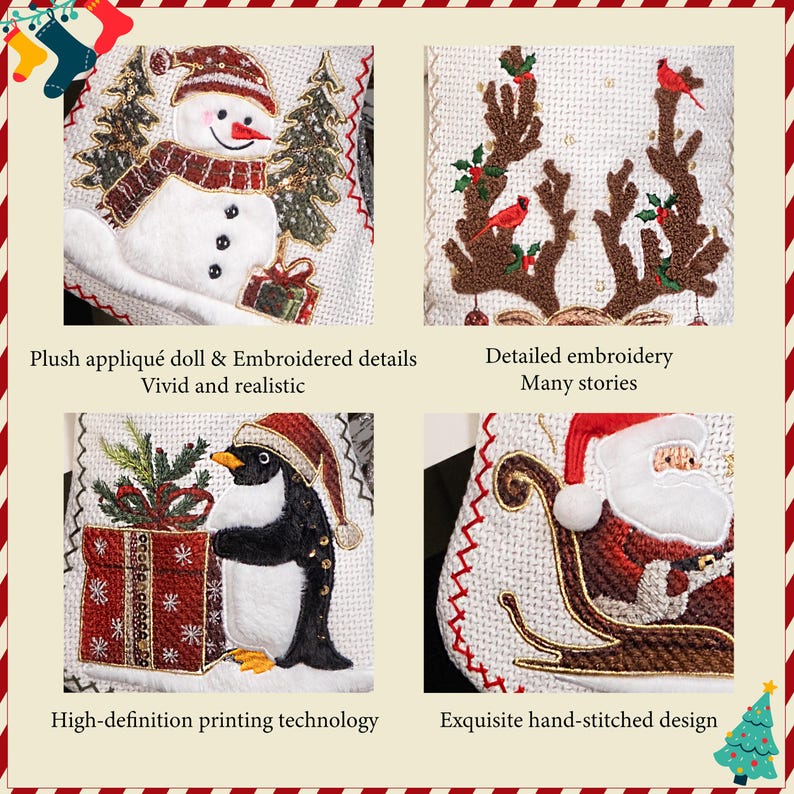 Puede incluir: Calcet&iacute;n navide&ntilde;o con bordados detallados con un mu&ntilde;eco de nieve, renos, un ping&uuml;ino y Pap&aacute; Noel. El calcet&iacute;n tiene un dise&ntilde;o de mu&ntilde;eca de aplique de felpa y est&aacute; cosido a mano. El texto dice: "Plush appliqu&eacute; doll & Embroidered details Vivid and realistic".