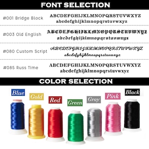 May include: A selection of embroidery fonts and thread colors. The fonts are shown in uppercase and lowercase letters. The thread colors are blue, gold, red, green, gray, pink, and black.
