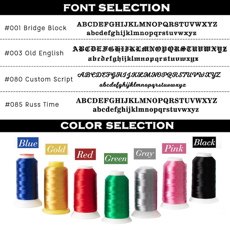 May include: A selection of embroidery fonts and thread colors. The fonts are shown in uppercase and lowercase letters. The thread colors are blue, gold, red, green, gray, pink, and black.