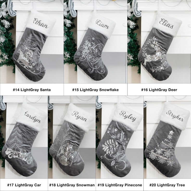 Calcetines navideños personalizados de terciopelo de lujo bordados con lentejuelas y felpa para la familia. Calcetines navideños con nombre personalizado. Regalos de Navidad. imagen 10