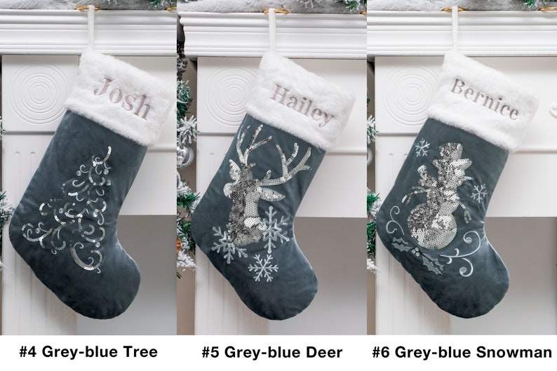 Calcetines navideños personalizados de terciopelo de lujo bordados con lentejuelas y felpa para la familia. Calcetines navideños con nombre personalizado. Regalos de Navidad. imagen 8