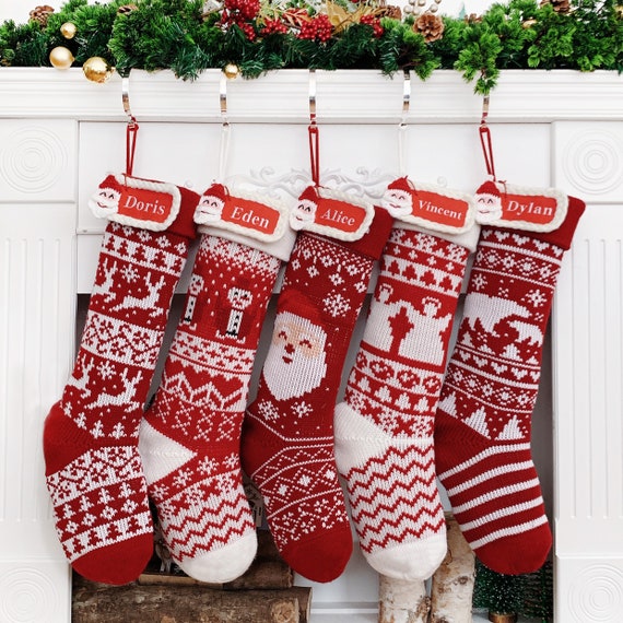 Personalized Knitted Christmas Stockings Embroidered Stocking with Santa Tag For Holiday Gift Knit Family Stockings For Christmas Decoration