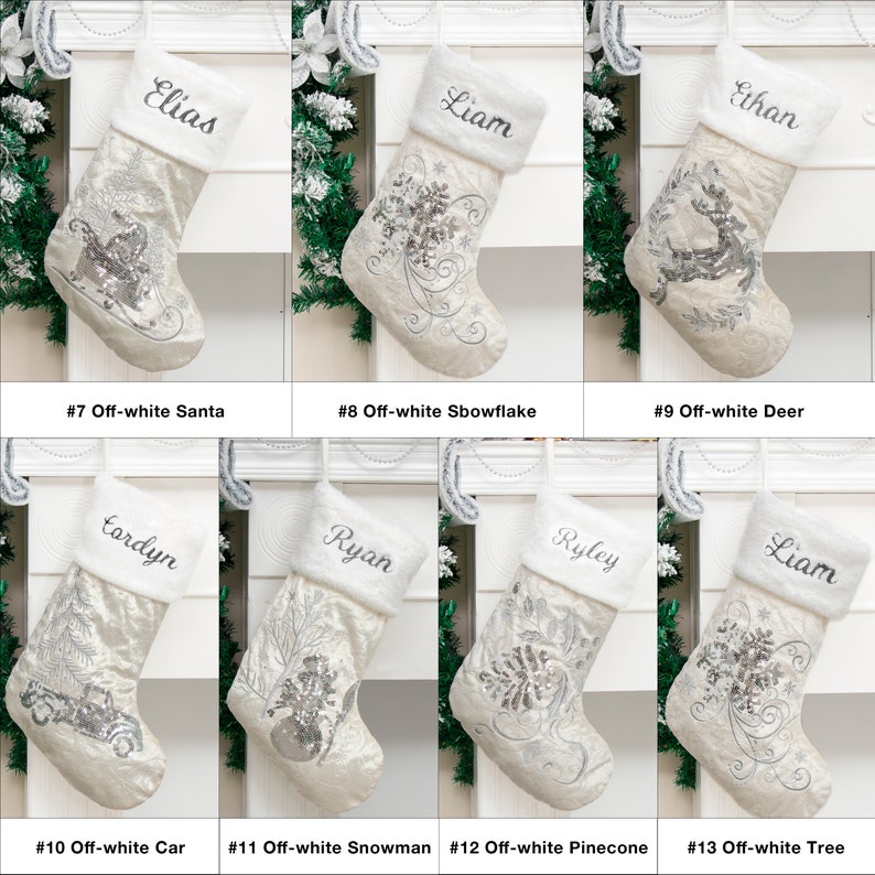 Calcetines navideños personalizados de terciopelo de lujo bordados con lentejuelas y felpa para la familia. Calcetines navideños con nombre personalizado. Regalos de Navidad. imagen 9