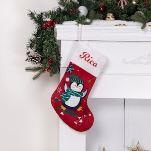 Personalized Christmas Stockings Luxury Velvet Stocking Embroidered Stocking for Holiday Applique Stocking with Name for Family Decoration #4 Penguin