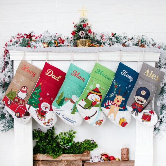 Burlap Personalized Christmas Stocking Embroidered Knotted Fringe Cuff Monogram