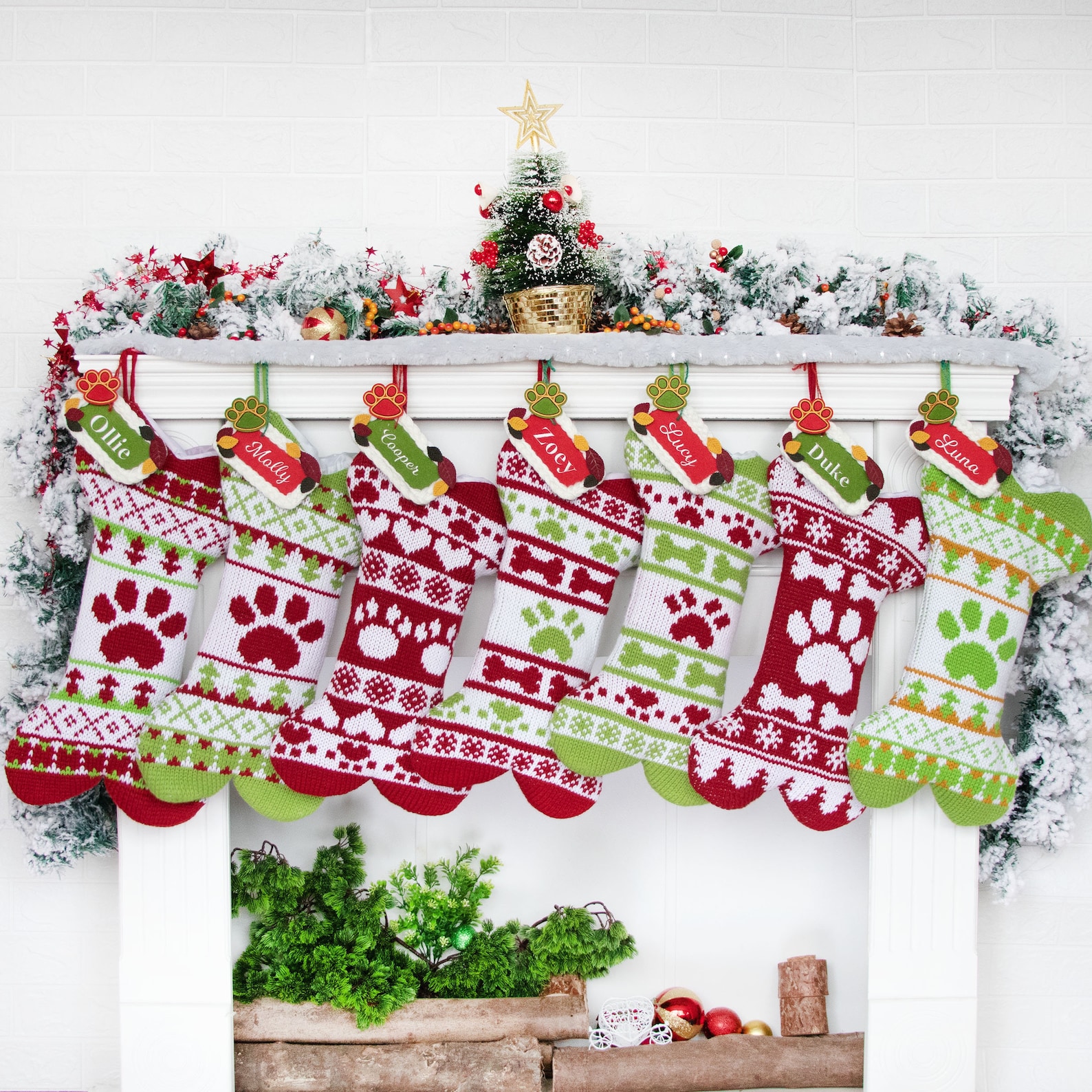 group of red, lime green and white bone shaped stockings