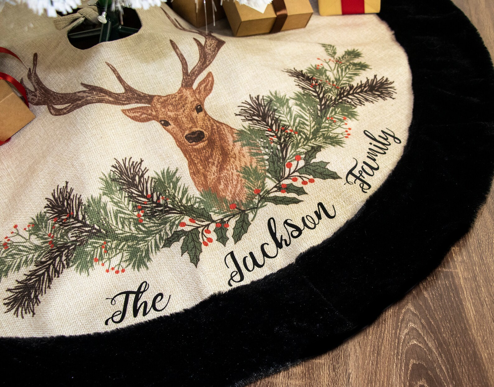 Personalized Christmas Tree Skirt Reindeer Burlap Tree Skirt Etsy