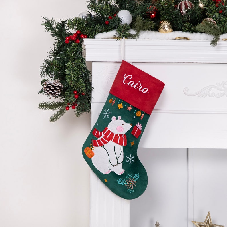 Personalized Christmas Stockings Luxury Velvet Stocking Embroidered Stocking for Holiday Applique Stocking with Name for Family Decoration #5 Bear