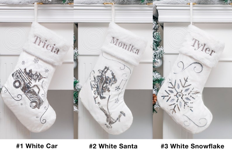 Calcetines navideños personalizados de terciopelo de lujo bordados con lentejuelas y felpa para la familia. Calcetines navideños con nombre personalizado. Regalos de Navidad. imagen 7