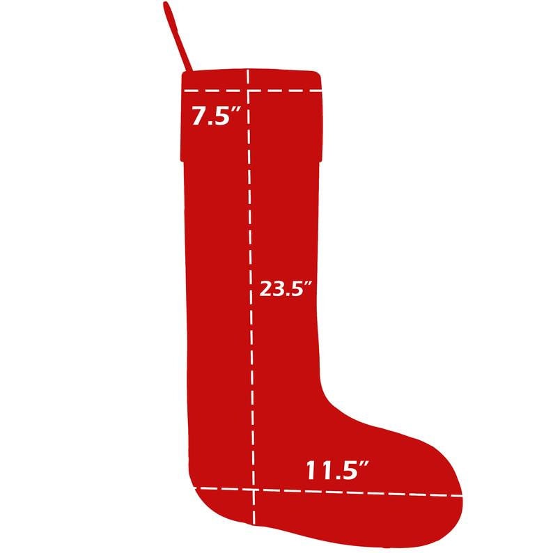 May include: A solid red Christmas stocking with measurements indicated. The stocking is 23.5 inches long, 11.5 inches wide at the foot, and 7.5 inches wide at the top. A loop is attached for hanging.