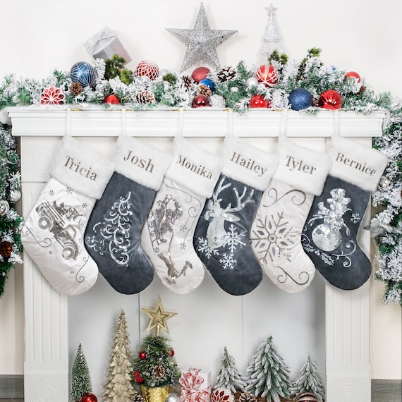 Personalized Christmas Stockings Embroidered Luxury Velvet Stockings with Sequin Plush for Family Custom Name Holiday Stockings Xmas Gifts