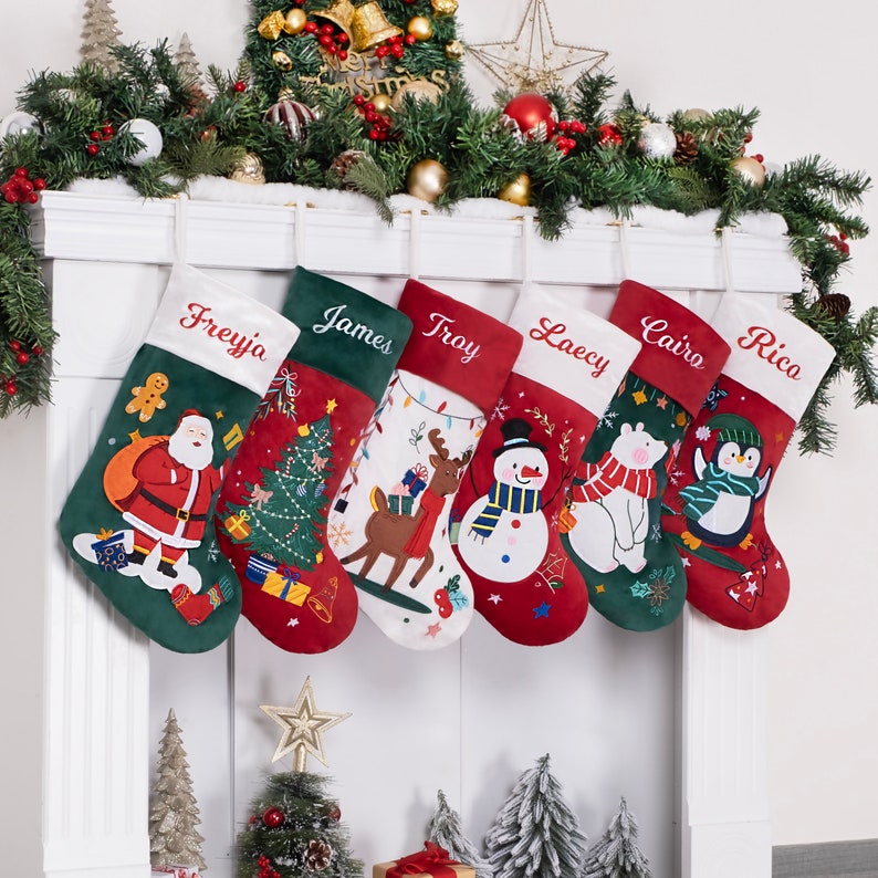 Personalized Christmas Stockings Luxury Velvet Stocking Embroidered Stocking for Holiday Applique Stocking with Name for Family Decoration image 2